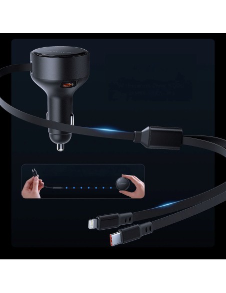 
60 W USB-C automobilinis įkroviklis su ištraukiamais USB-C iPhone Lightning laidais – juodas
