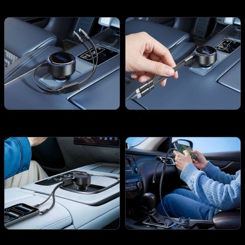 
60 W USB-C automobilinis įkroviklis su ištraukiamais USB-C iPhone Lightning laidais – juodas
