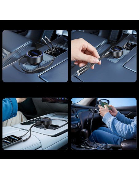 
60 W USB-C automobilinis įkroviklis su ištraukiamais USB-C iPhone Lightning laidais – juodas
