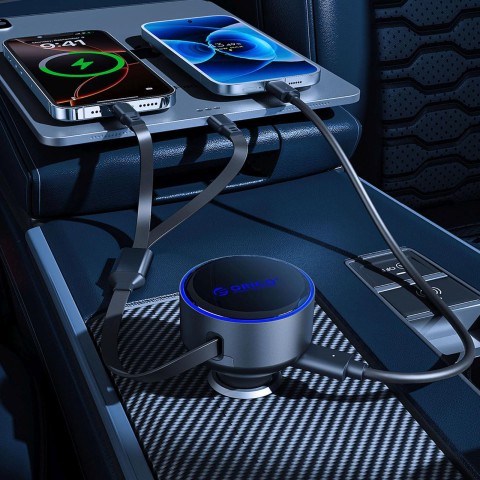 
60 W USB-C automobilinis įkroviklis su ištraukiamais USB-C iPhone Lightning laidais – juodas
