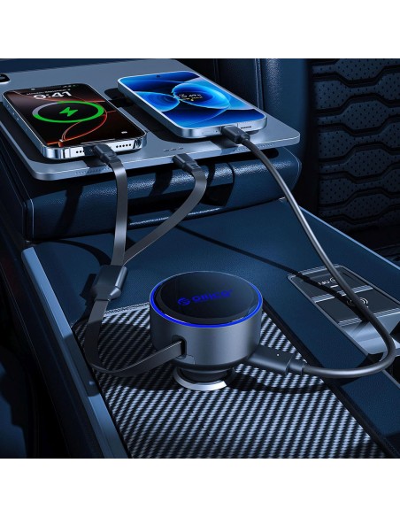 
60 W USB-C automobilinis įkroviklis su ištraukiamais USB-C iPhone Lightning laidais – juodas
