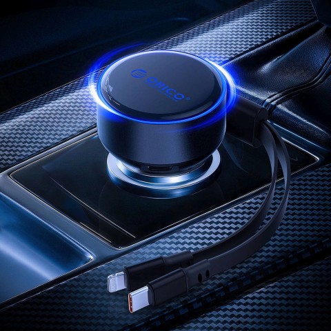 
60 W USB-C automobilinis įkroviklis su ištraukiamais USB-C iPhone Lightning laidais – juodas
