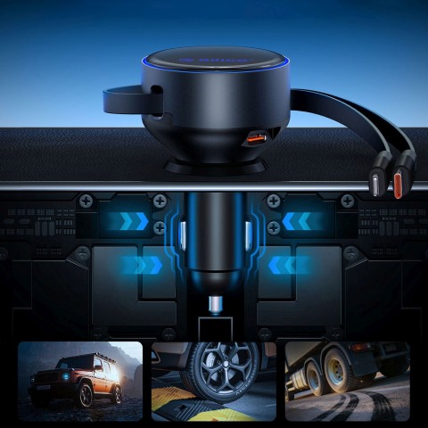 
60 W USB-C automobilinis įkroviklis su ištraukiamais USB-C iPhone Lightning laidais – juodas

