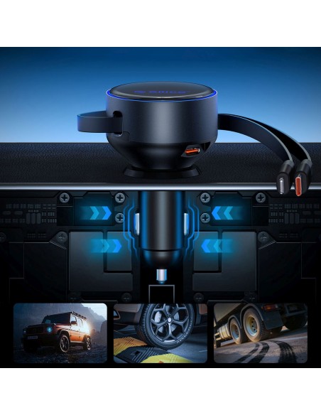 
60 W USB-C automobilinis įkroviklis su ištraukiamais USB-C iPhone Lightning laidais – juodas
