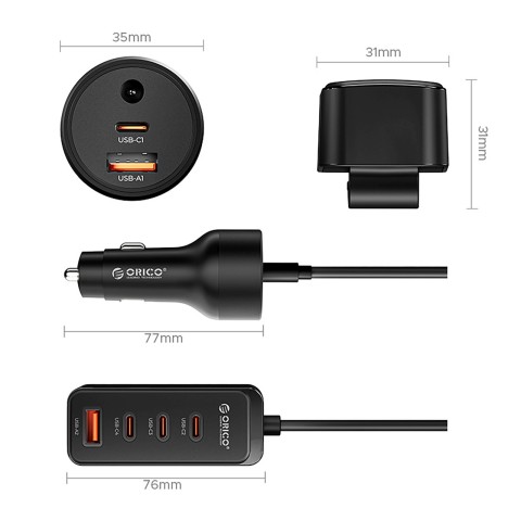 
USB-A USB-C automobilinis įkroviklis su 108 W prailginimo laidu – juodas
