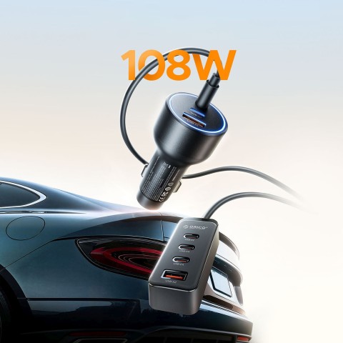 
USB-A USB-C automobilinis įkroviklis su 108 W prailginimo laidu – juodas

