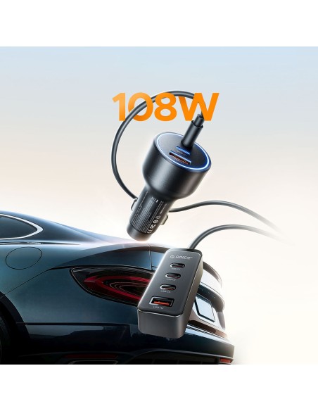 
USB-A USB-C automobilinis įkroviklis su 108 W prailginimo laidu – juodas
