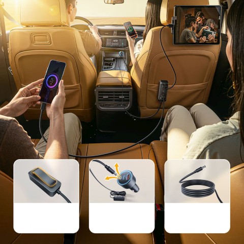 
USB-A USB-C automobilinis įkroviklis su 108 W prailginimo laidu – juodas
