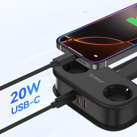 
5 viename AC USB-A USB-C GaN 20W maitinimo blokas – juodas
