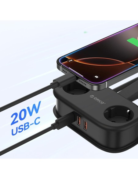 
5 viename AC USB-A USB-C GaN 20W maitinimo blokas – juodas
