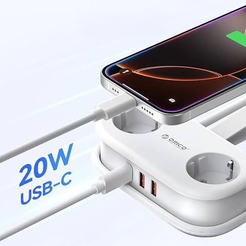 
5 viename AC USB-A USB-C GaN 20W maitinimo lizdas – baltas
