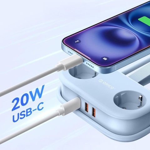 
5 viename AC USB-A USB-C GaN 20W maitinimo lizdas – mėlynas
