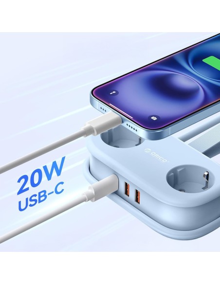 
5 viename AC USB-A USB-C GaN 20W maitinimo lizdas – mėlynas

