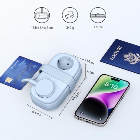 
5 viename AC USB-A USB-C GaN 20W maitinimo lizdas – mėlynas
