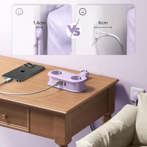 
5 viename AC USB-A USB-C GaN 20W maitinimo lizdas – violetinis
