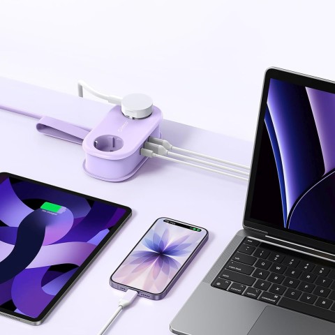 
5 viename AC USB-A USB-C GaN 20W maitinimo lizdas – violetinis
