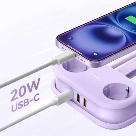 
5 viename AC USB-A USB-C GaN 20W maitinimo lizdas – violetinis
