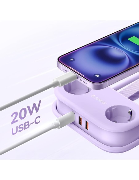 
5 viename AC USB-A USB-C GaN 20W maitinimo lizdas – violetinis
