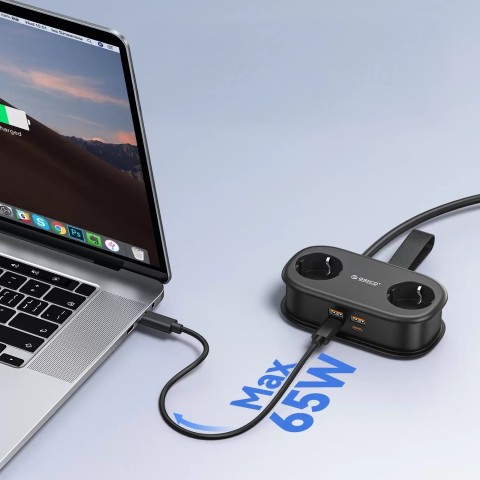 
6 viename AC USB-A USB-C GaN 65W maitinimo blokas – juodas
