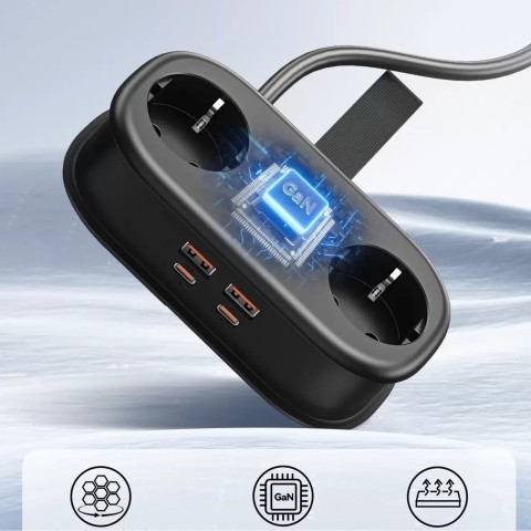 
6 viename AC USB-A USB-C GaN 65W maitinimo blokas – juodas
