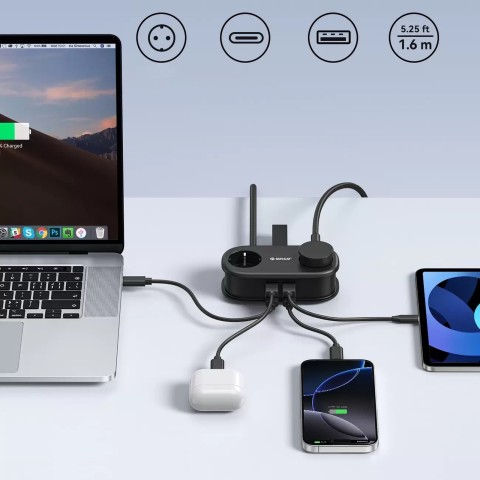 
6 viename AC USB-A USB-C GaN 65W maitinimo blokas – juodas
