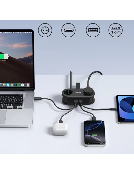 
6 viename AC USB-A USB-C GaN 65W maitinimo blokas – juodas
