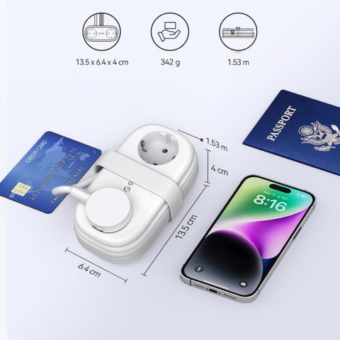 
6 viename AC USB-A USB-C GaN 65W maitinimo lizdas – baltas
