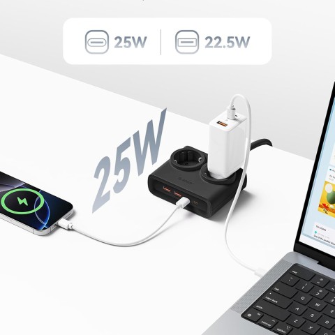 
6 viename AC USB-A USB-C 25W maitinimo blokas – juodas
