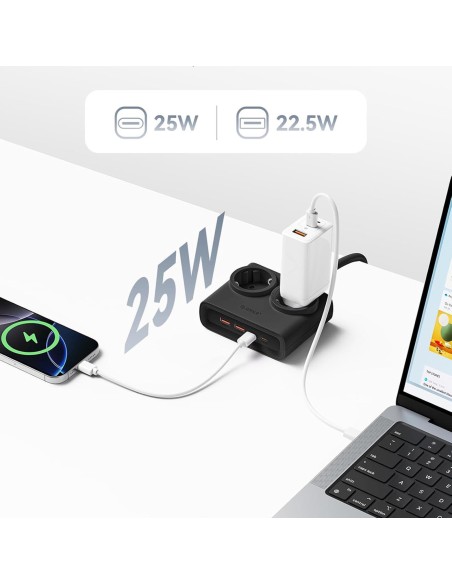 
6 viename AC USB-A USB-C 25W maitinimo blokas – juodas
