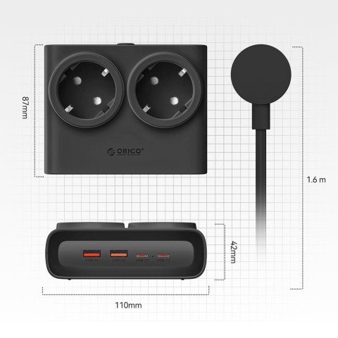 
6 viename AC USB-A USB-C 25W maitinimo blokas – juodas
