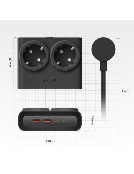 
6 viename AC USB-A USB-C 25W maitinimo blokas – juodas
