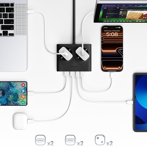 
6 viename AC USB-A USB-C 25W maitinimo blokas – juodas
