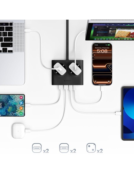 
6 viename AC USB-A USB-C 25W maitinimo blokas – juodas
