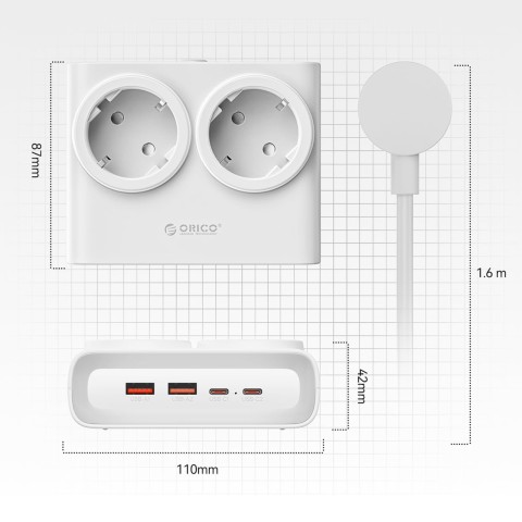
6 viename AC USB-A USB-C 25W maitinimo šaltinis – baltas
