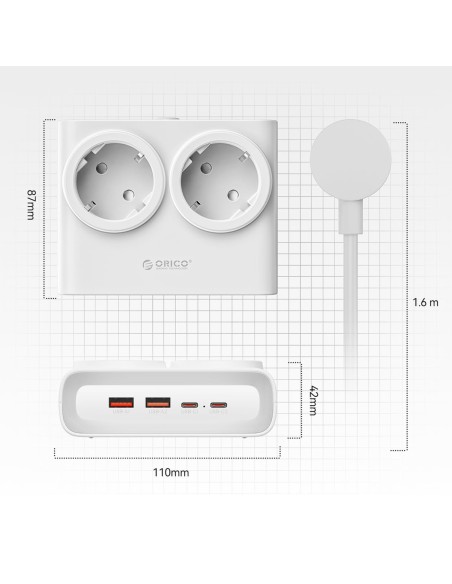 
6 viename AC USB-A USB-C 25W maitinimo šaltinis – baltas

