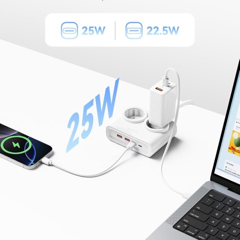 
6 viename AC USB-A USB-C 25W maitinimo šaltinis – baltas
