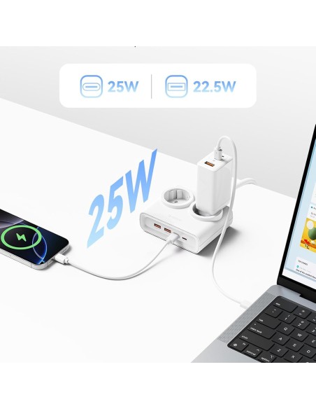 
6 viename AC USB-A USB-C 25W maitinimo šaltinis – baltas
