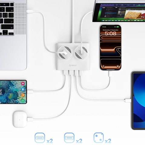 
6 viename AC USB-A USB-C 25W maitinimo šaltinis – baltas
