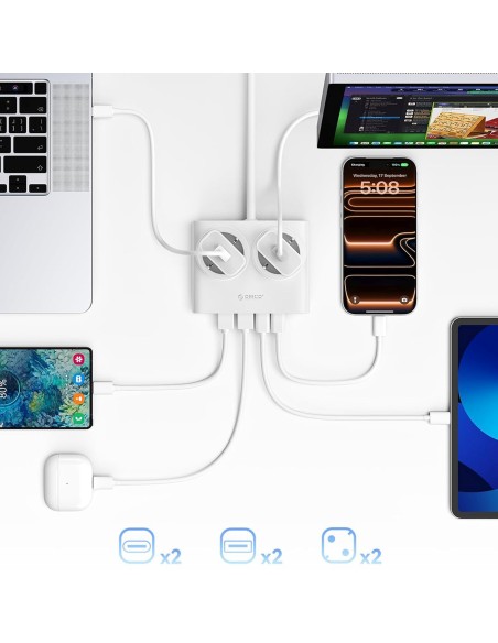 
6 viename AC USB-A USB-C 25W maitinimo šaltinis – baltas
