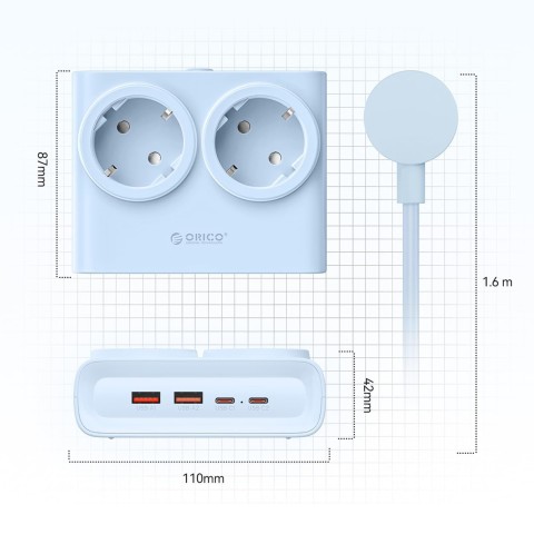 
6 viename AC USB-A USB-C 25W maitinimo jungtis – mėlyna
