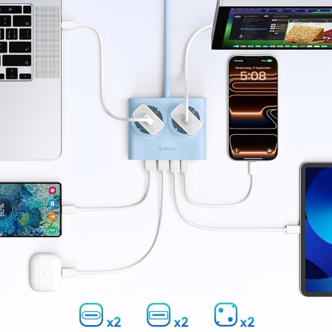 
6 viename AC USB-A USB-C 25W maitinimo jungtis – mėlyna
