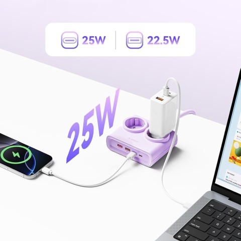 
6 viename AC USB-A USB-C 25W maitinimo jungtis – violetinė
