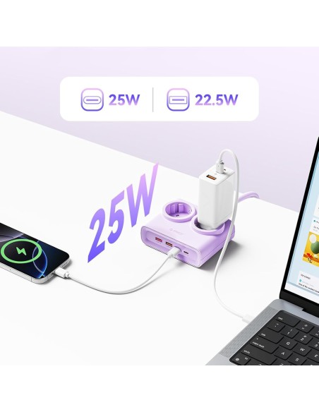 
6 viename AC USB-A USB-C 25W maitinimo jungtis – violetinė
