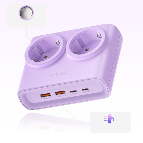 
6 viename AC USB-A USB-C 25W maitinimo jungtis – violetinė
