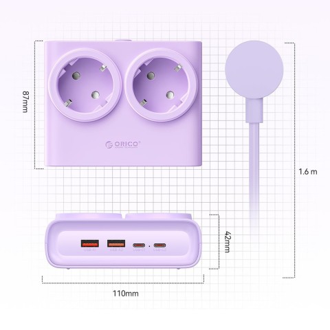 
6 viename AC USB-A USB-C 25W maitinimo jungtis – violetinė
