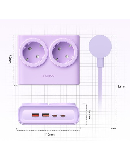 
6 viename AC USB-A USB-C 25W maitinimo jungtis – violetinė
