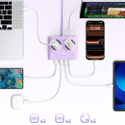 
6 viename AC USB-A USB-C 25W maitinimo jungtis – violetinė
