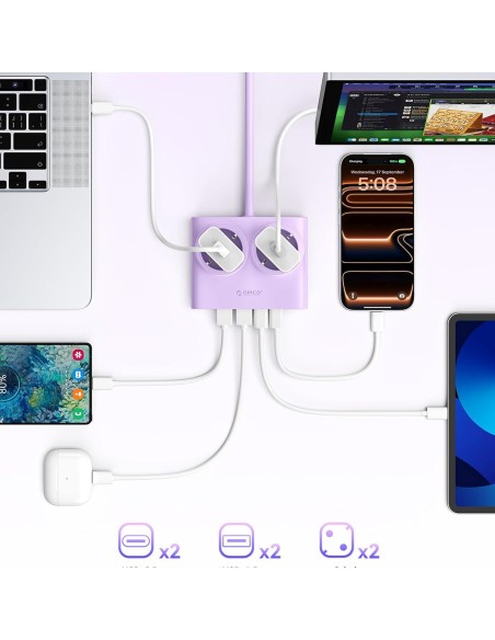 
6 viename AC USB-A USB-C 25W maitinimo jungtis – violetinė
