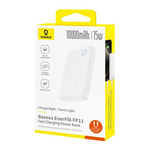 
10000mAh 15W „EnerFill FP11“ nešiojama baterija su USB-C laidu, 30 cm, balta

