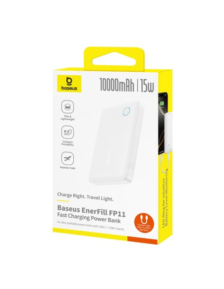 
10000mAh 15W „EnerFill FP11“ nešiojama baterija su USB-C laidu, 30 cm, balta
